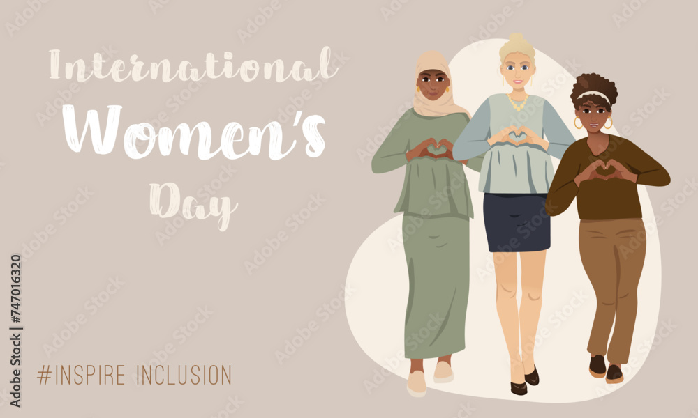 International Women's Day poster. Inspire inclusion 2024. A banner with a man and a woman. Vector illustration with different people. People of different nationalities. International Women's Day poster. Inspire inclusion 2024. A banner with a man and a woman. Vector illustration with different people. People of different nationalities.