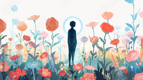 Symbolic Illustration of Mental Health Awareness, with a Person Standing amidst a Field of Flowers, Each Bloom Reflecting a Different Emotion. photo