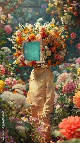 A surreal scene of a person with a TV screen head standing amidst a lush flower garden