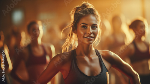 Focused Woman Leading Group Fitness Class in Gym