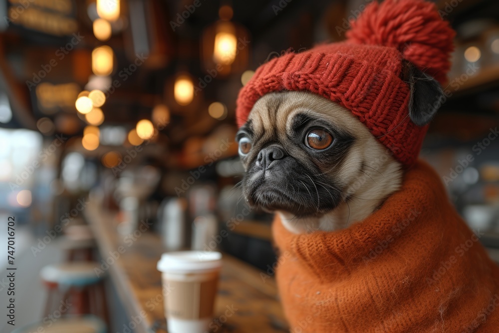 Pug in a red hat at a café, whimsical and cute