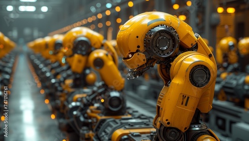 Row of industrial robots in automotive assembly line, technology, automation