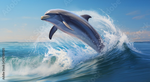 Dolphin Energetically Leaping from Ocean Waves