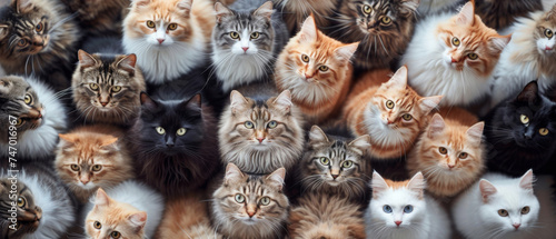 Numerous cats sitting together in a group formation