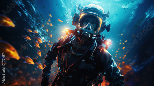 Diver in Advanced Suit Exploring Underwater Cavern