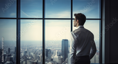 Businessman Looking Out Over City Skyline from Office