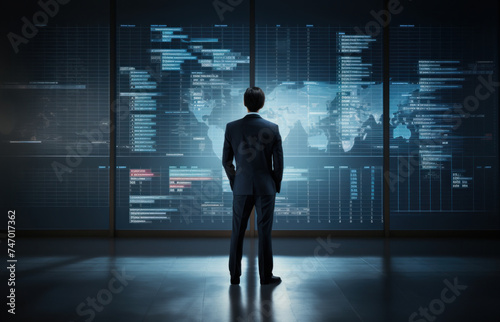 Businessman Analyzing Global Data on Interactive Screens