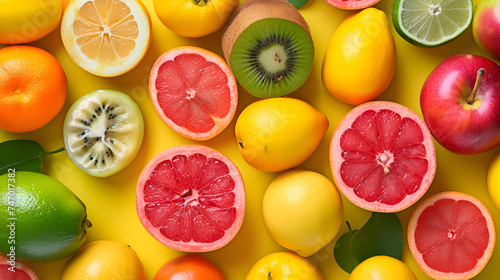 Beautiful background with fresh exotic various fruits.  generative ai 