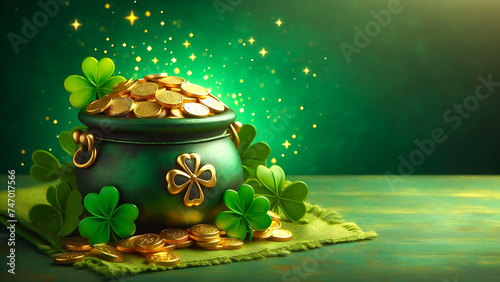 St. Patrick's Day Symbols Pot with Shamrocks and Coins for Irish Celebration AI Generated