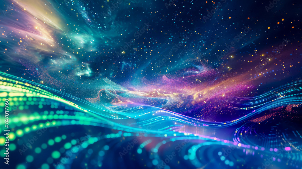 stunning cosmic scene, vibrant streams of blue and purple light ripple ...