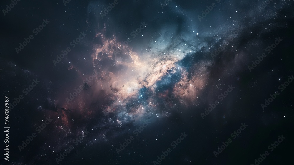 A view from space to a spiral galaxy and stars. Beauty of deep space. Universe filled with stars, nebula and galaxy. Colorful space background with stars. 