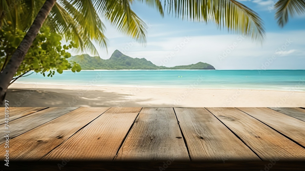 Wooden table with blue sky, palm trees, and ocean view in the background Wooden table with blue sky, palm trees, and ocean view in the background