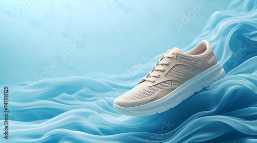 Beautiful beige shoe with a white sole on a beautiful blue background. generative ai  photo