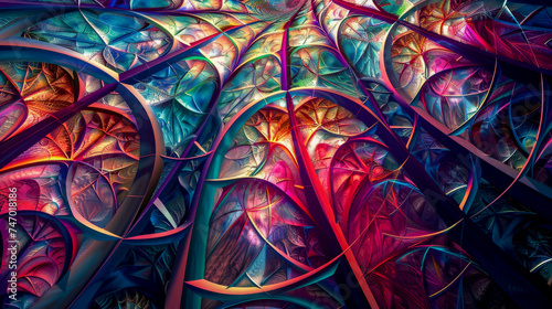 Intricate fractal art forming a kaleidoscope of vibrant colors, with complex patterns and asymmetry.