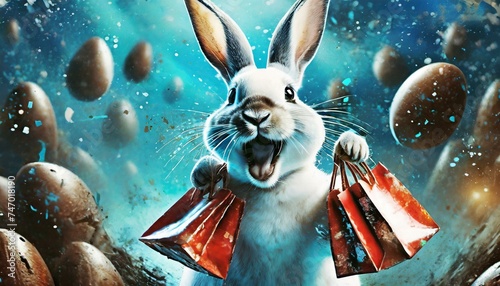 A ilustração de um coelho da páscoa alegre que está segurando sacolas vermelhas com ovos de páscoa de chocolate. Muitos ovos de páscoa de chocolate na composição. Fundo com tom de cor azul. photo