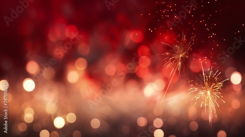New year celebration with gold and red fireworks and bokeh effect on dark background © Ameer