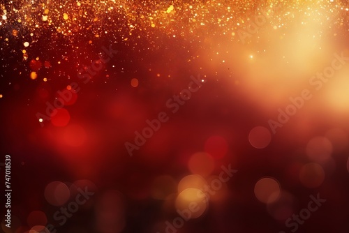 New year’s eve fireworks and bokeh in gold and dark red colors with copy space. Abstract holiday background.