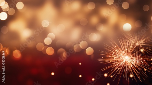 New year’s eve fireworks and bokeh in gold and dark red colors with copy space. Abstract holiday background. © Ameer