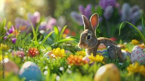 an easter bunny is hiding colorful easter eggs photo
