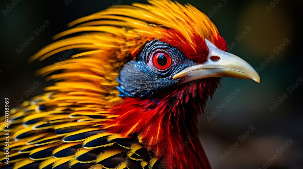 Close-up of a colorful golden pheasant with a golden crest and a red body in a natural setting Close-up of a colorful golden pheasant with a golden crest and a red body in a natural setting