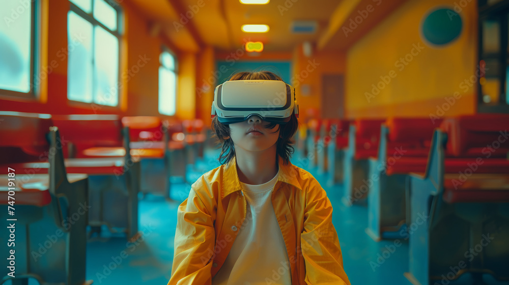Cute little school boy with school backpack sitting in the classroom and wearing VR headset on sunny day. Modern education concept. Cute little school boy with school backpack sitting in the classroom and wearing VR headset on sunny day. Modern education concept.