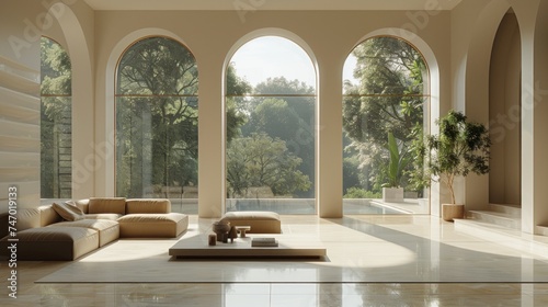 A minimalistic living room featuring large arch windows that provide an unobstructed view of the tranquil forest photo