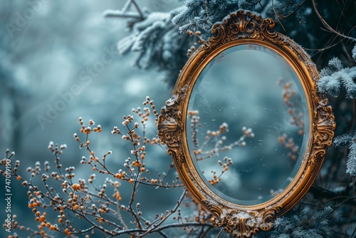 Oval beautiful carved mirror on winter background, copy space, banner © Tetiana Kasatkina