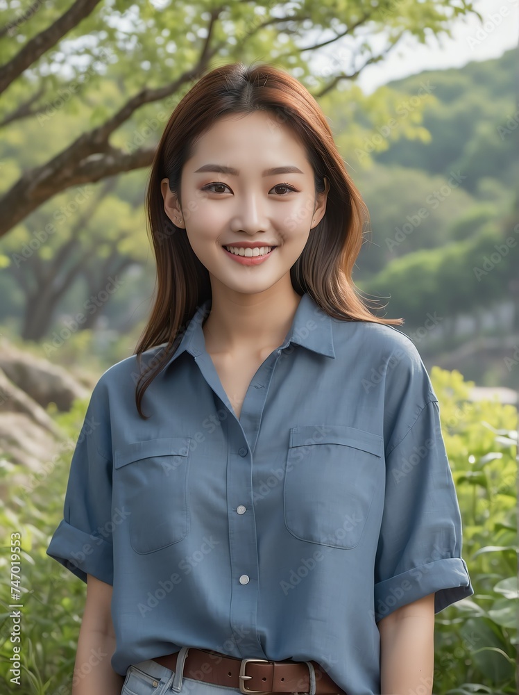 Outdoor natural portrait of a great looking korean young female model smiling looking at camera from Generative AI Outdoor natural portrait of a great looking korean young female model smiling looking at camera from Generative AI