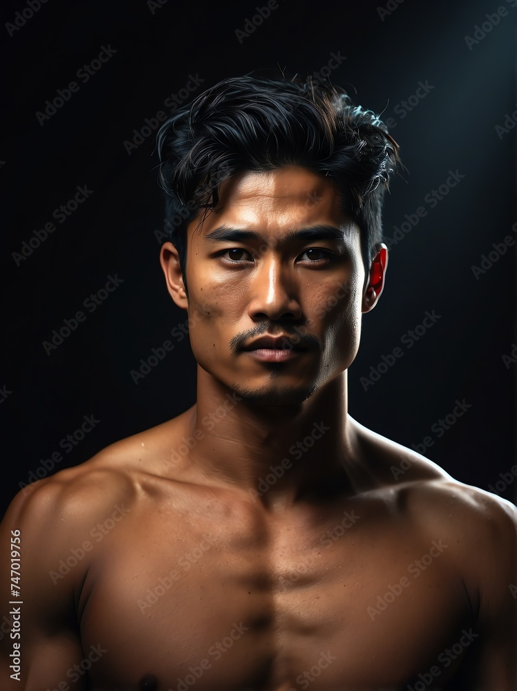 Portrait of a shirtless muscular upper body of asian male model in plain black background from Generative AI Portrait of a shirtless muscular upper body of asian male model in plain black background from Generative AI