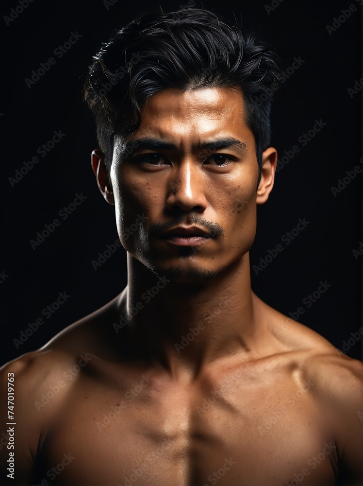 Portrait of a shirtless muscular upper body of asian male model in plain black background from Generative AI Portrait of a shirtless muscular upper body of asian male model in plain black background from Generative AI