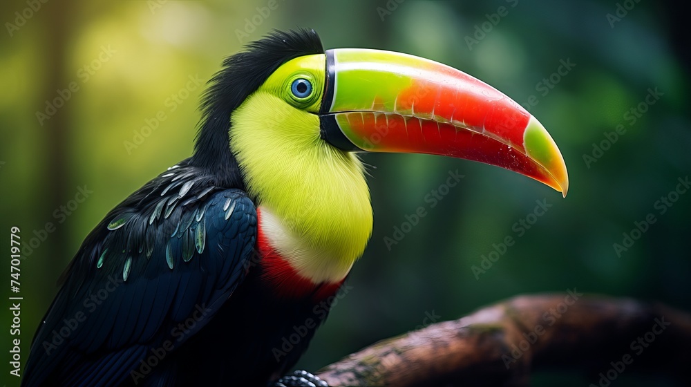 Close-up of a colorful keel-billed toucan, a tropical bird with a rainbow bill, perched on a branch in the rainforest Close-up of a colorful keel-billed toucan, a tropical bird with a rainbow bill, perched on a branch in the rainforest