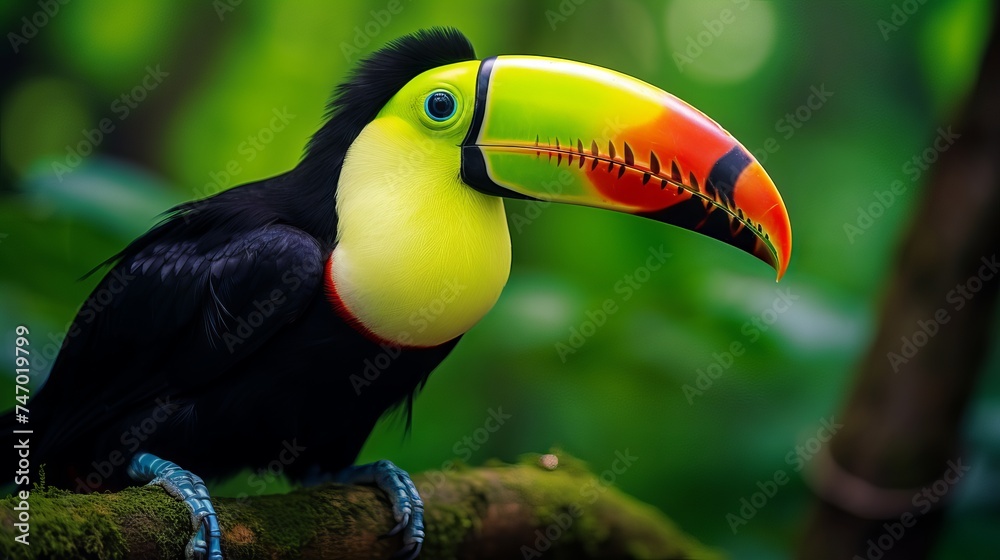 Close-up of a colorful keel-billed toucan, a tropical bird with a rainbow bill, perched on a branch in the rainforest Close-up of a colorful keel-billed toucan, a tropical bird with a rainbow bill, perched on a branch in the rainforest