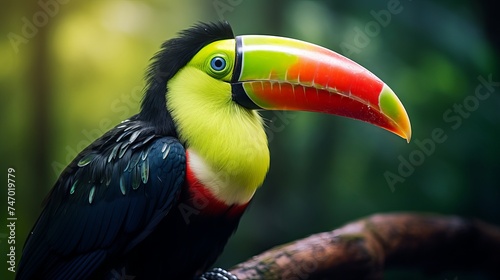 Close-up of a colorful keel-billed toucan, a tropical bird with a rainbow bill, perched on a branch in the rainforest © Ameer