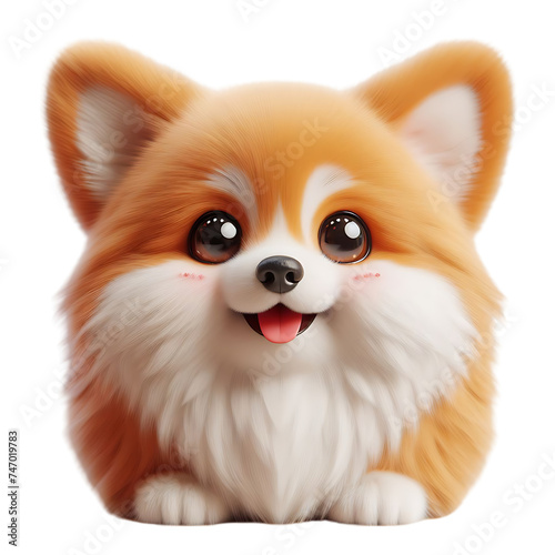 A photo realistically of A realistic and cinematic image kawaii fluffy cartoon orange corgi puppy with dot eyes, smiling face In 8k resolution, very detailed, isolated on a white background realistica photo