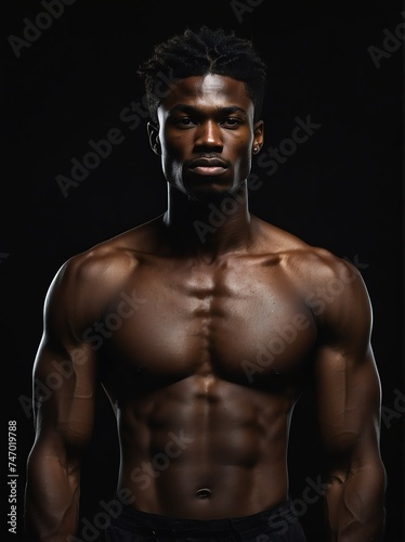 Portrait of a shirtless muscular upper body of black african male model in plain black background from Generative AI