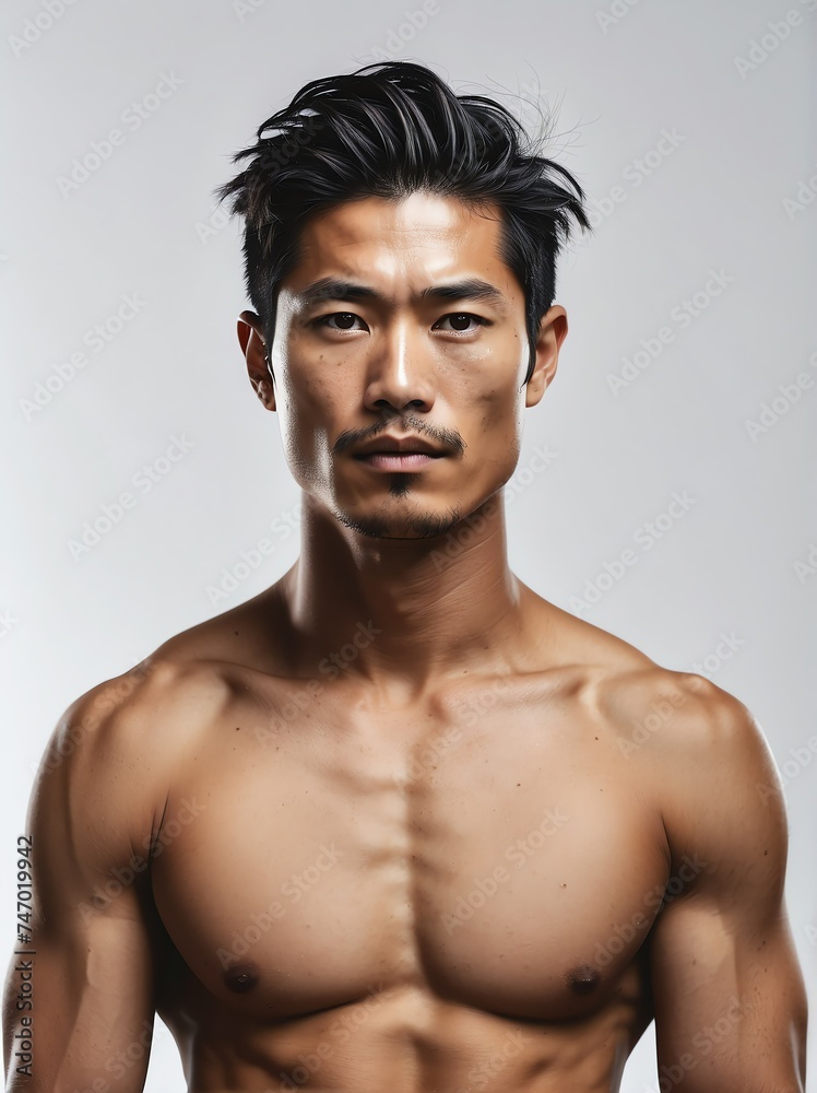 Portrait of a shirtless muscular upper body of handsome hispanic male model in plain white backgro from Generative AI