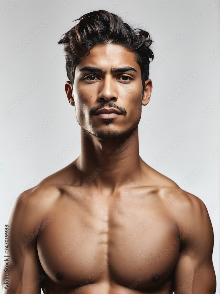 Portrait of a shirtless muscular upper body of handsome korean male model in plain white background from Generative AI Portrait of a shirtless muscular upper body of handsome korean male model in plain white background from Generative AI