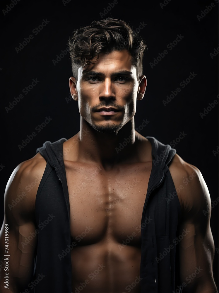 Portrait of a shirtless muscular upper body of handsome male model in plain black background from Generative AI