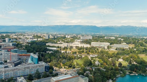 Geneva, Switzerland. UN headquarters in Switzerland on the shores of Lake Geneva. Summer day, Aerial View