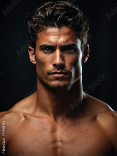 Portrait of a shirtless muscular upper body of handsome male model in plain black background from Generative AI