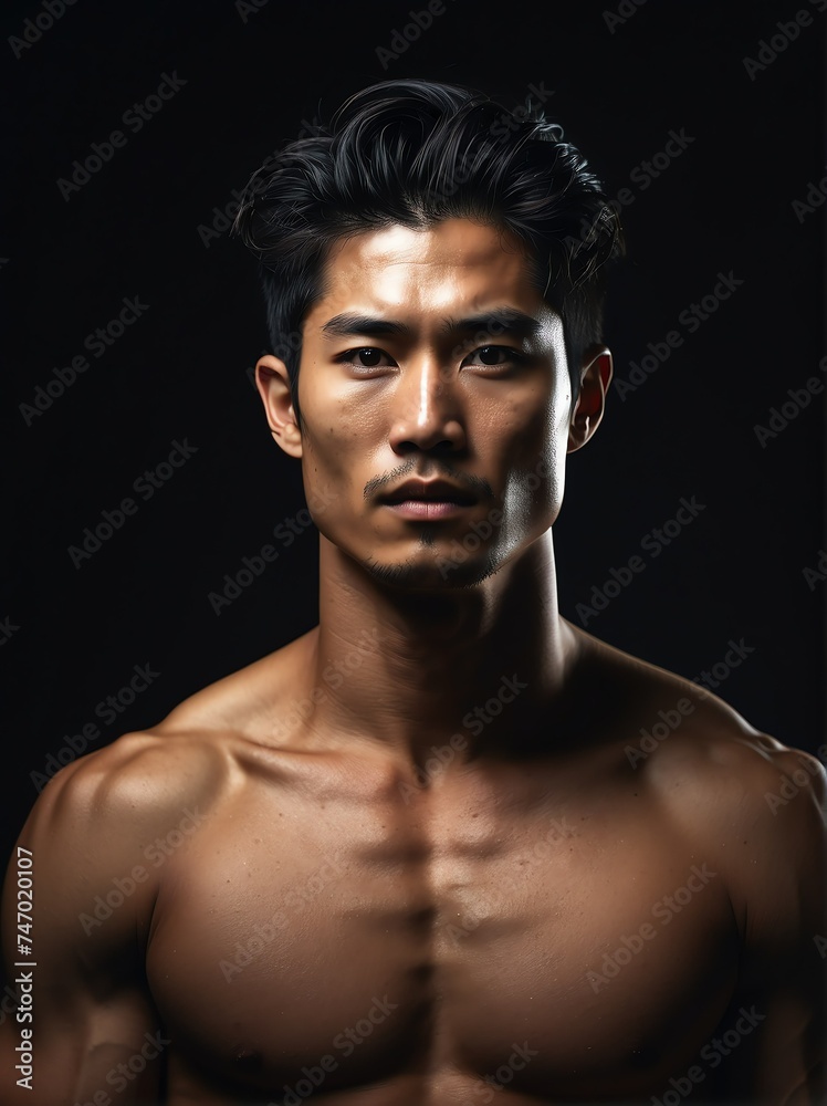 Portrait of a shirtless muscular upper body of korean male model in plain black background from Generative AI