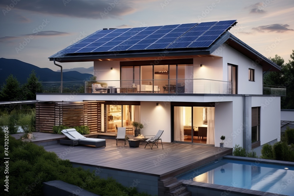 Fototapeta premium Modern eco-friendly single-family homes with photovoltaic cells on rooftops in suburban neighborhood