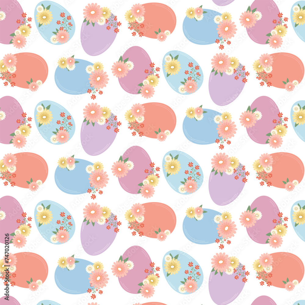 Seamless pattern with delicate Easter eggs and flowers Festive Easter design in pastel colors. Seamless pattern with delicate Easter eggs and flowers Festive Easter design in pastel colors.