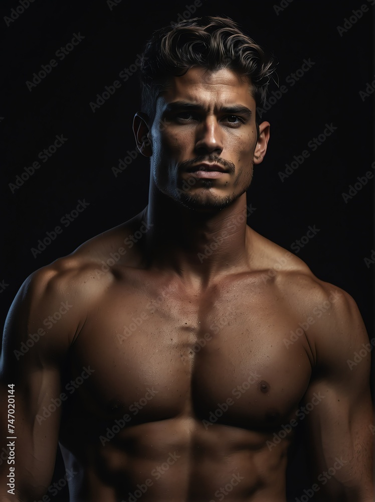 Portrait of a shirtless muscular upper body of male model in plain black background from Generative AI Portrait of a shirtless muscular upper body of male model in plain black background from Generative AI