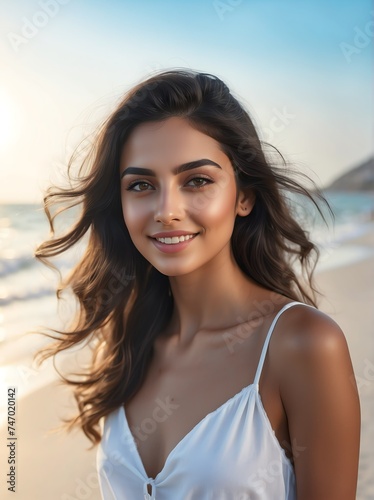 Portrait of arab young female model on the beach summer love, romance and a happy ad lifestyle concept from Generative AI