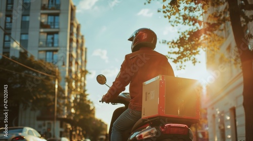 A delivery person rides a motorbike on a city street at sunset, carrying a red insulated box, embodying efficient urban delivery photo