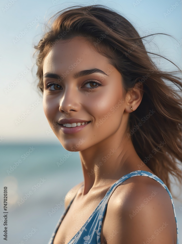 Portrait of hispanic young female model on the beach summer love, romance and a happy ad lifestyle concept from Generative AI