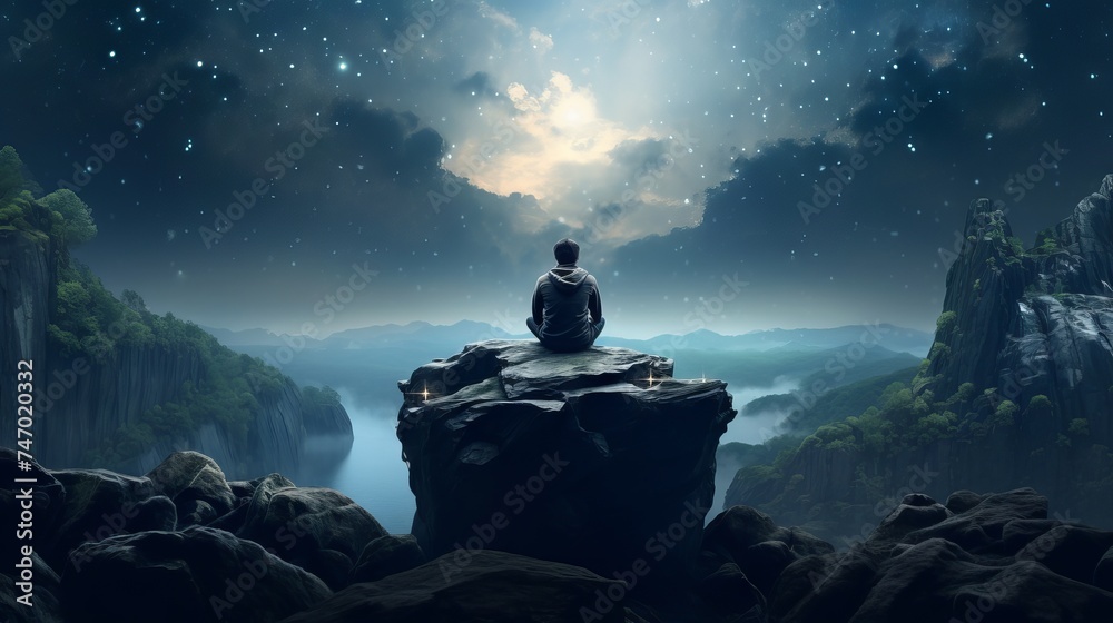 Back view of person meditating or praying on a rock under the moonlit Milky Way sky Back view of person meditating or praying on a rock under the moonlit Milky Way sky