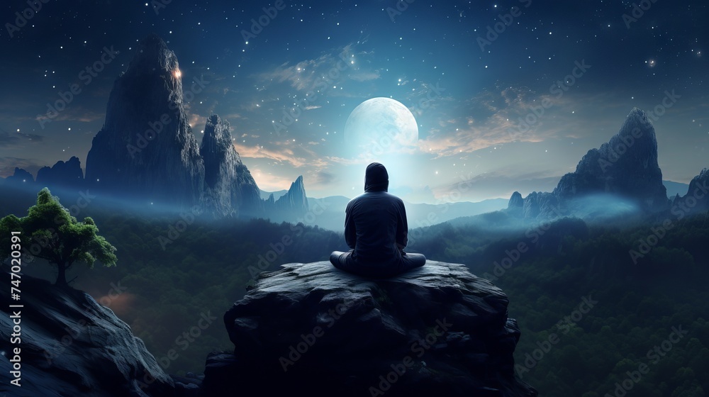 Back view of person meditating or praying on a rock under the moonlit Milky Way sky - obrazy, fototapety, plakaty 