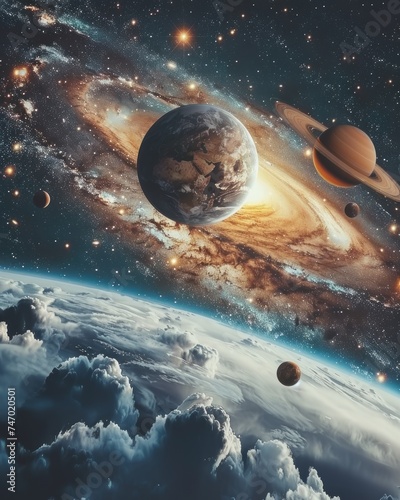 A breathtaking digital art piece featuring Earth, surrounded by other planets and a bustling galaxy full of stars and clouds
